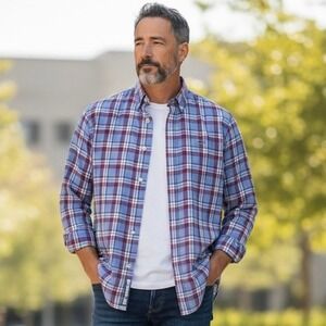 Vineyard Vines Whale Shirt Men's Long Sleeve Plaid Button Down Cotton Red Blue L